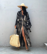 Kimono long de plage tie-dye Noir et blanc