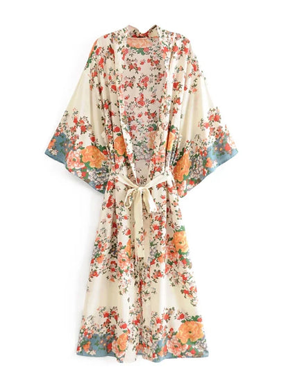 Kimono long de plage | fleurs fines Multicolore