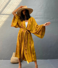 Kimono long de plage tie-dye Jaune safran