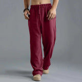 Pantalon droit japonais en coton et lin coloris bordeaux