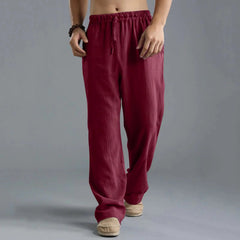 Pantalon droit japonais en coton et lin coloris bordeaux