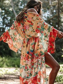 Kimono long de plage | fleurs anciennes Rose