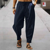 Pantalon droit japonais en coton et lin coloris bleu marine