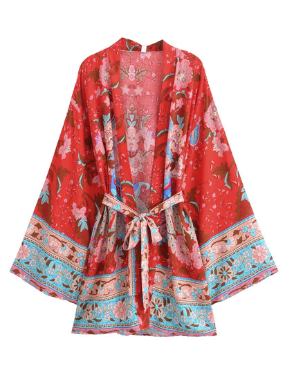 Kimono court de plage | paon et rinceaux Rouge