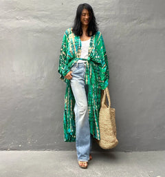 Kimono long de plage tie-dye Vert jade