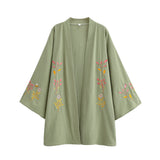 Kimono court de plage | fleurs et abeilles brodées Vert
