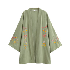 Kimono court de plage | fleurs et abeilles brodées Vert