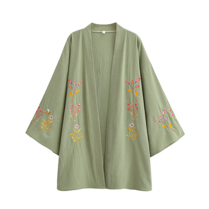 Kimono court de plage | fleurs et abeilles brodées Vert