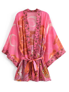 Kimono court de plage | lune et étoiles Rose