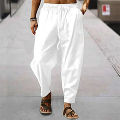 Pantalon droit japonais en coton et lin coloris blanc