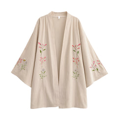Kimono court de plage | fleurs et abeilles brodées Beige