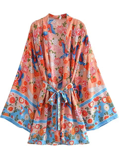 Kimono court de plage | paon et rinceaux Rose