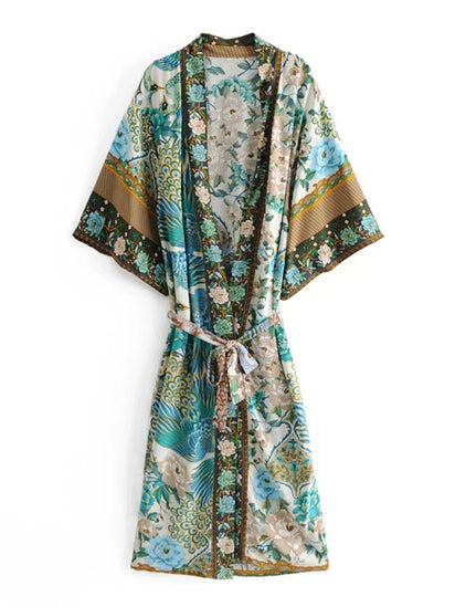 Kimono long de plage | jardin doré Vert émeraude
