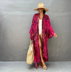 Kimono long de plage tie-dye Fuchsia