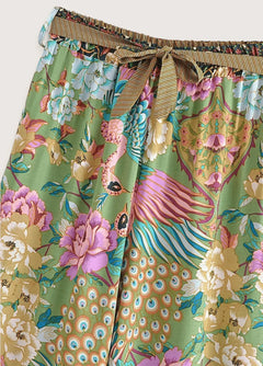 pantalon kimono motif paon fleuri