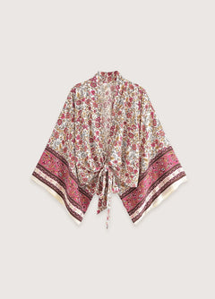 Kimono court de plage | bohème fleuri Beige