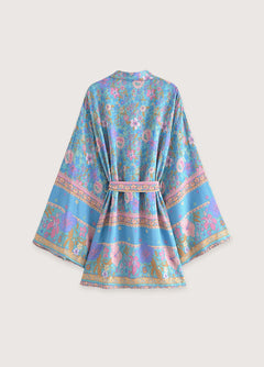 kimono court fleurs bleues et roses