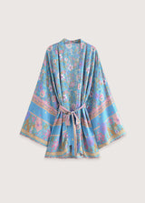 Kimono Court Fleurs Bleues Et Roses