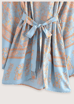 kimono court fleuri bleu gris et rosé