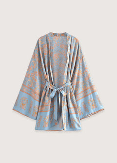 Kimono Court Fleuri Bleu-gris Et Rosé