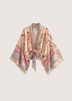 Kimono Court À Fleurs Rose Pâle