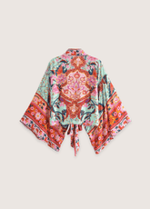 Kimono court de plage | paon et fleurs Vert
