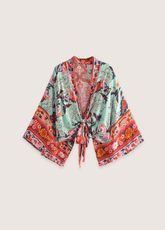 Kimono court de plage | paon et fleurs Vert