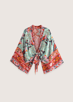 Kimono court de plage | paon et fleurs Vert
