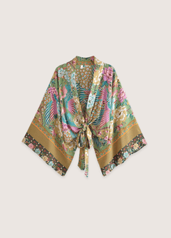Kimono Court À Motif De Paon Fleuri