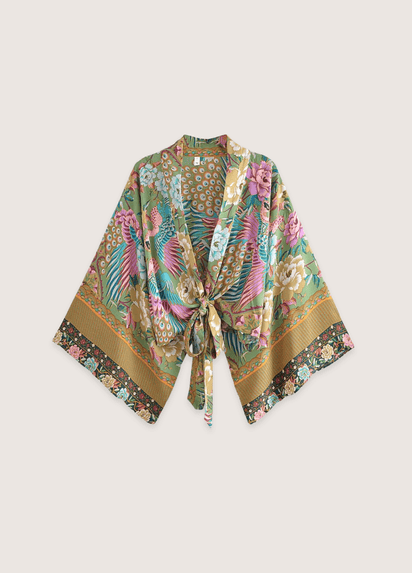 Kimono Court À Motif De Paon Fleuri