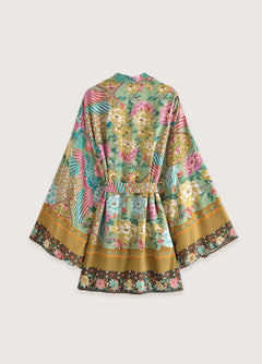 kimono court de plage motif paon fleuri