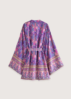 kimono court plage fuchsia à fleurs
