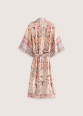 Kimono long de plage | paon et fleurs Rose beige