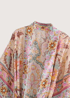 Kimono long de plage | paon et fleurs Rose beige