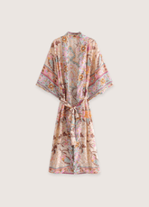 Kimono long de plage | paon et fleurs Rose beige