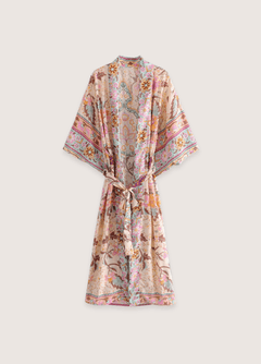 Kimono long de plage | paon et fleurs Rose beige