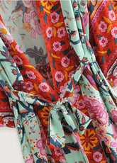 Kimono long de plage | paon et fleurs Corail