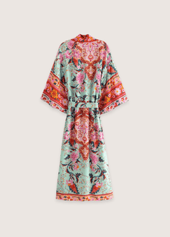 Kimono long de plage | paon et fleurs Corail