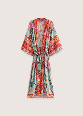 Kimono long de plage | paon et fleurs Corail