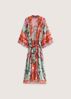 Kimono long de plage | paon et fleurs Corail