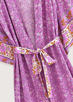 Kimono long de plage | petites fleurs Rose fuchsia