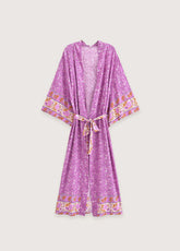 Kimono long de plage | petites fleurs Rose fuchsia