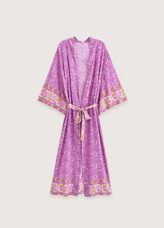 Kimono long de plage | petites fleurs Rose fuchsia