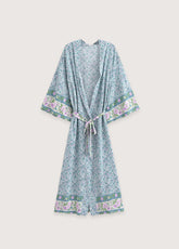 Kimono long de plage | petites fleurs Turquoise