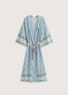 Kimono long de plage | petites fleurs Turquoise