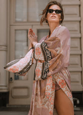 Kimono long de plage | bohème floral Rose poudré