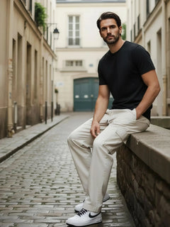 Pantalon japonais cargo homme beige coupe droite porté en tenue urbaine