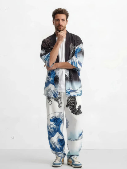Pantalon harem japonais à motif vague Koiwave porté par un homme, style streetwear japonais moderne