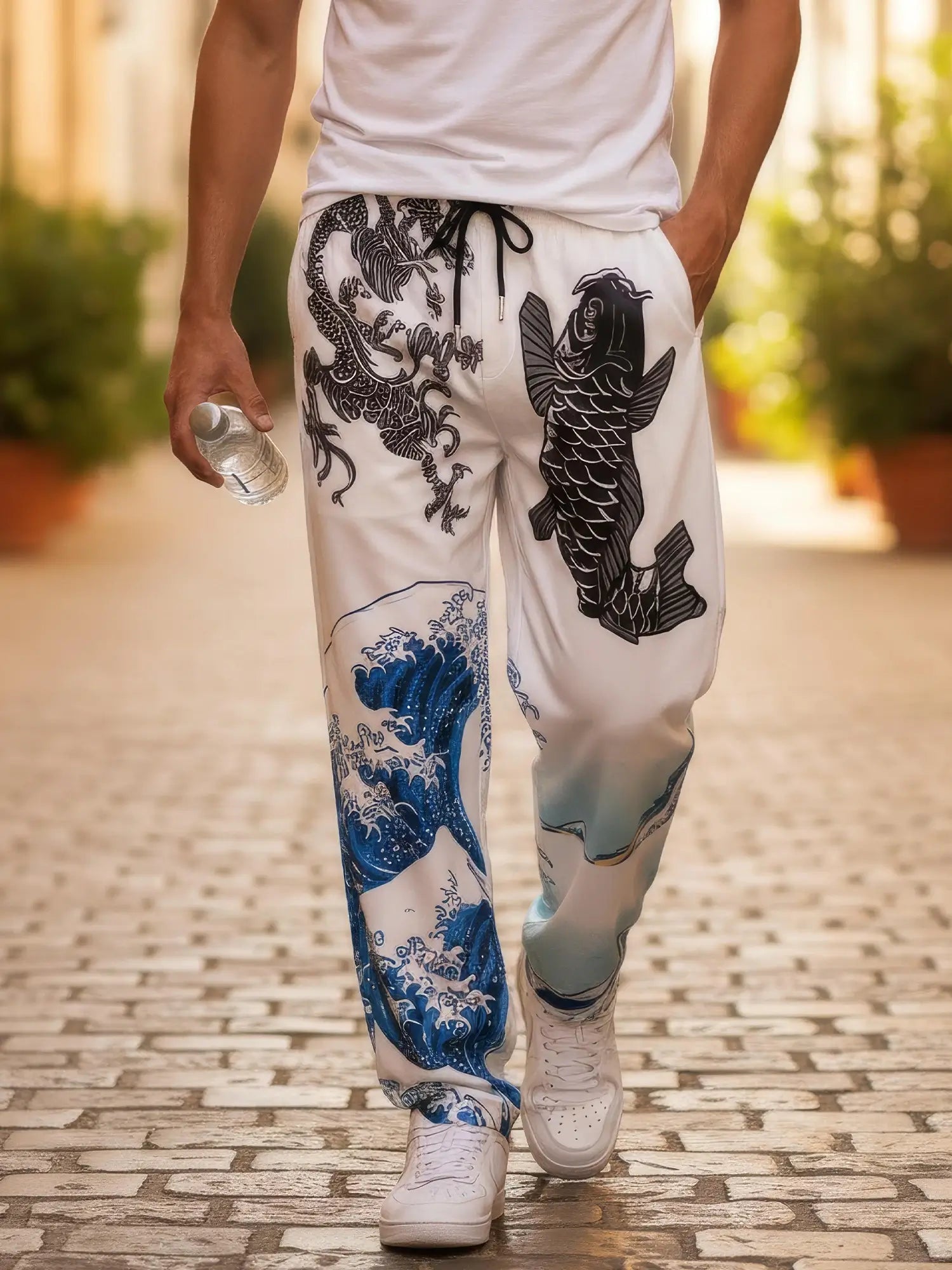 Pantalon harem japonais Koiwave porté par un homme en marche, motif vague et carpe, style streetwear japonais urbain