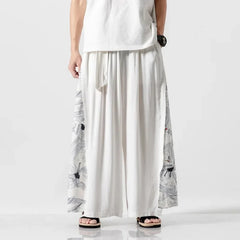 Pantalon Homme Japonais Haru blanc, coupe ample fluide style kimono avec motifs japonais sur les côtés